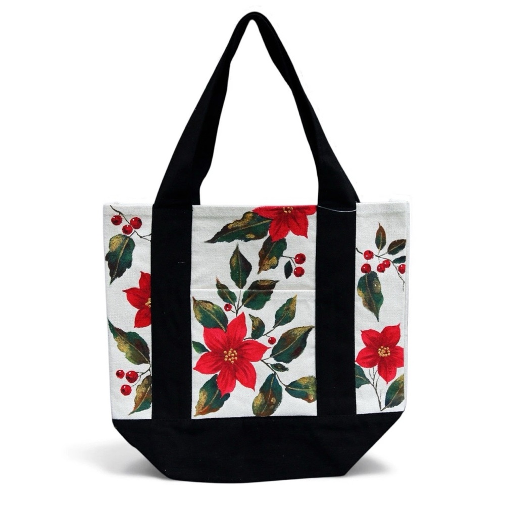 Hand-Painted Christmas Poinsettia Canvas Tote Bag‎ – Washable, One-of-a-Kind